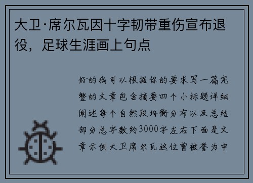 大卫·席尔瓦因十字韧带重伤宣布退役，足球生涯画上句点